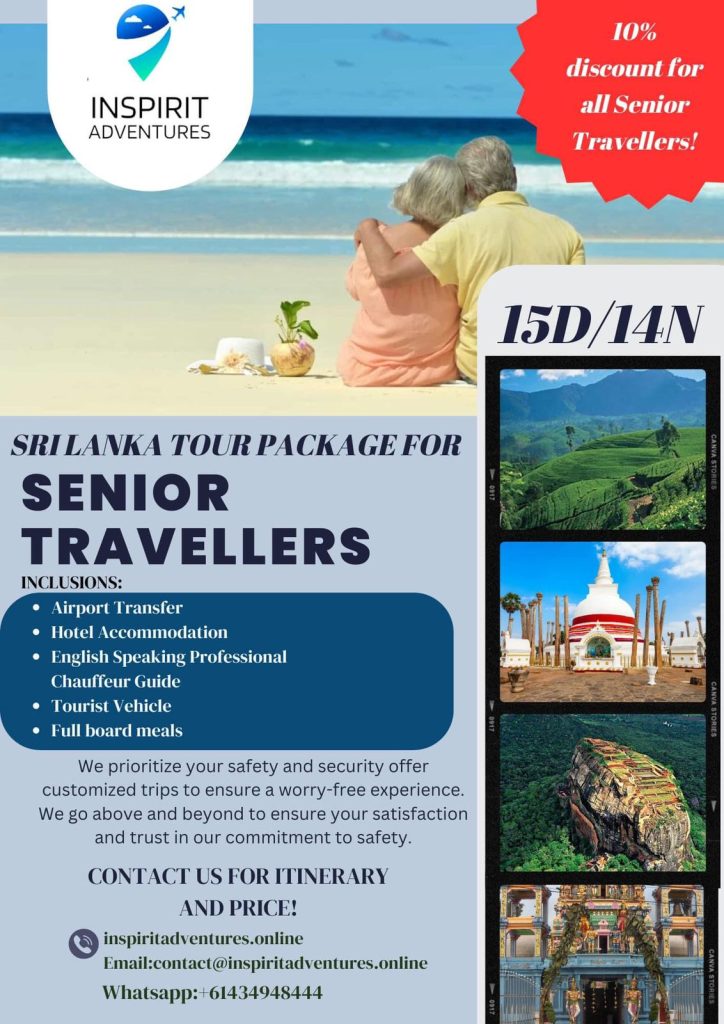 Senior travelers enjoying a hassle-free tour package in Sri Lanka with airport transfers, hotel accommodation, English-speaking professional chauffeur guide, tourist vehicle, and full board meals